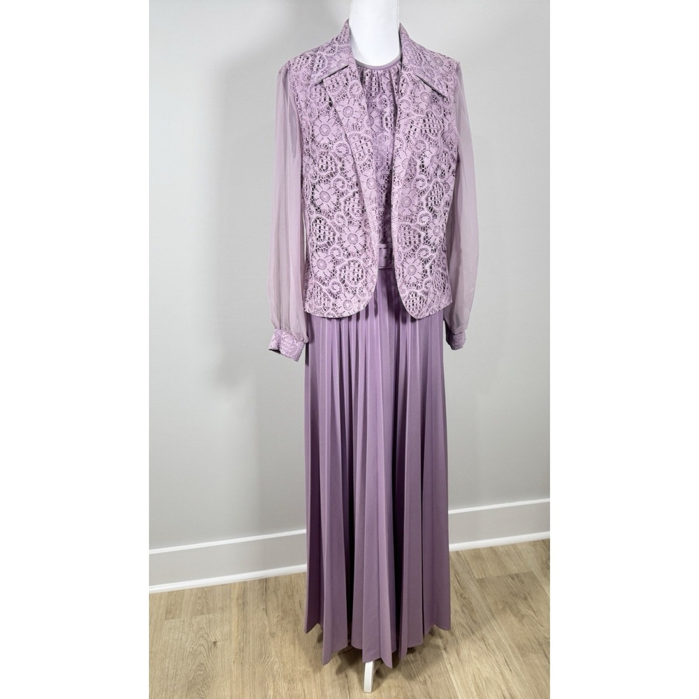 Vintage 60s 70s Lavender Maxi Dress M Lace Chiffon Pleated Bolero Belted